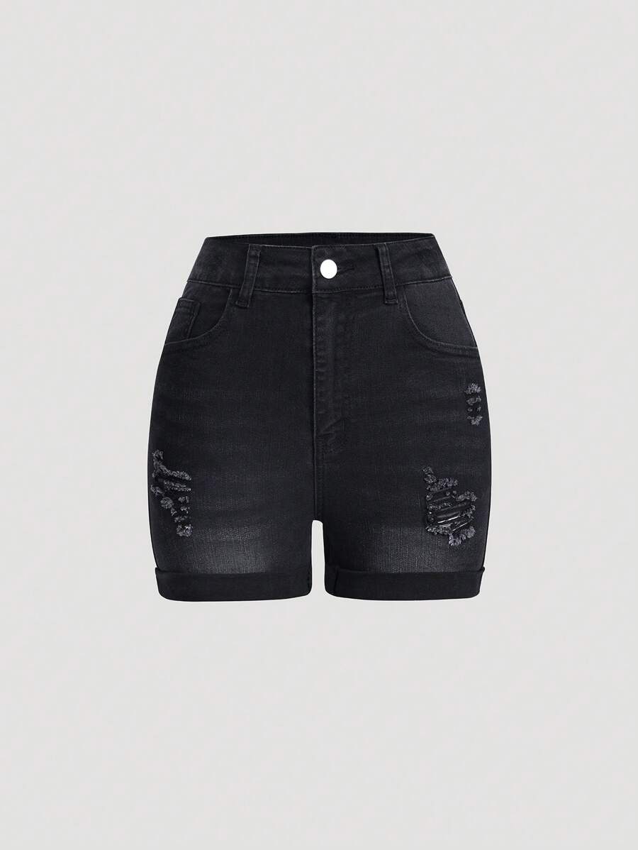 Fashionable Ripped & Frayed Hem Elastic Fitted Denim Shorts For Teenage Girls, Summer, School, Campus, College