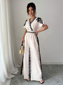 Elenzga Women's Deep V-Neck Floral Print Waist Gathered Wide Leg Jumpsuit For Summer Holiday - Apricot - View 3