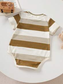 男婴彩色印花条纹可爱小熊宽松圆领短袖连体衣，新生儿针织，新生儿连体衣，夏季，3个月-2岁