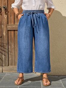 EMERY ROSE 大码纯色抽绳腰袋休闲牛仔度假裤