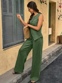 Selianne 2pcs/Set Women Summer Holiday Front Buttons Asymmetric Hem Top And Pants - Army Green - View 3