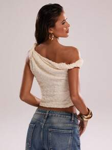 SHEIN BAE Women's Summer Sexy Bohemian Beach Vacation Concert Crochet Asymmetrical Shoulder Knotted Going-Out Tops, Summer,Club Women Sexy,Rave Top