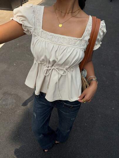 Serisse 女士纯色撞色蕾丝娃娃装上衣、夏季T恤、母亲节、方领上衣