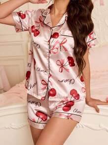 SweetSlumber Conjunto de pijama de mujer con camisa abotonada de color cereza