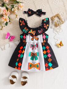SHEIN Baby Mädchen Minimalistisches Mode bunte Schmetterling Muster Rüschen Off-Shoulder Druckknopf Schritt Kleid mit passendem Schmetterling Stirnband, geeignet für Sommerausflüge