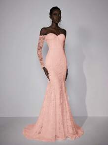 Elitara Women's Elegant Romantic Lace Off Shoulder Long Sleeve Floral Splice Decor Fish Tail Hem Splice Triangular Slit Backless U-Shape Backless Big Draped Maxi Dress For Wedding Events, Bride - Coral Pink - View 5