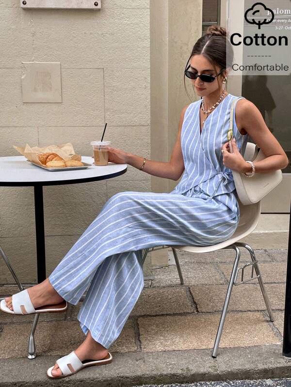 Serisse Comfortable Blue Striped Two-Piece Set For Women: V-Neck Sleeveless Top And Wide Leg Pants Perfect For Casual Occasions