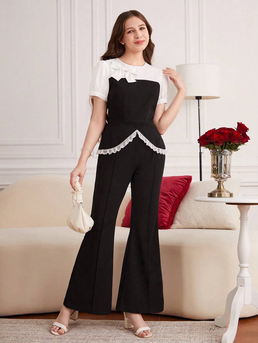 2pcs Urban Elegant Black & White Patchwork Butterfly Trim Asymmetric Top & Flare Pants Set, For Teenage Girls - Black - View 1