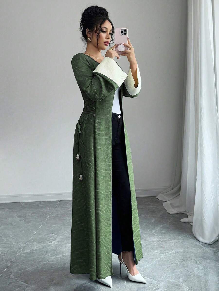 Yasmyna Women's Woven Long Sleeve Two-Tone Lace-Up Waist Open Abaya Robe, Modest - Green - View 1