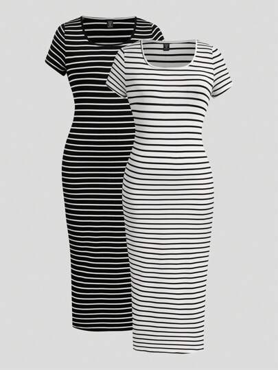 Sweetra 2pcs Plus Size Black White Gray Striped Casual Fashionable Versatile Long Dress, Summer Alt Modest