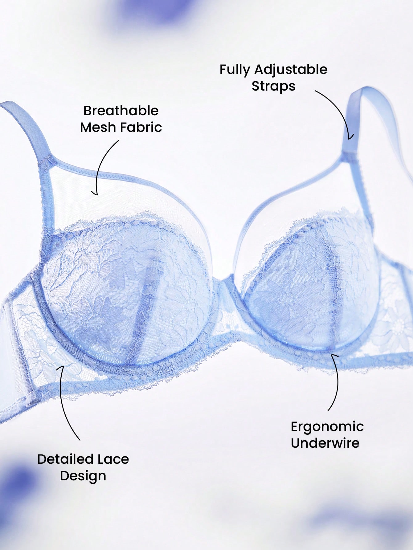 Soutien-gorge bleu élégant et en maille pour femme, avec coupe pleine, soutien et respirabilité. Sous-vêtements sexy et sans rembourrage pour la mariée