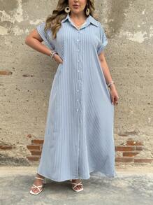 Breezaya Vestito camicia casual con fessura laterale, a maniche corte, monopetto, a righe, taglie forti per donne