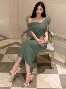 xheDAZY Vestido de mujer de unicolor elegante con cuello asimétrico y manga corta, adecuado para invitados de boda, verano, vestido de boda, vestido de graduación, vestido largoxhe - Verde Oliva - Ver 5