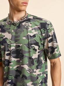 Paul Frank X SHEIN Men's Camo & Cartoon Print Round Neck Short Sleeve T-Shirt, Suitable For Summer