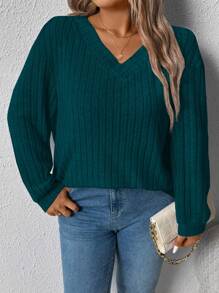 Plus Size Women Loose V-Neck Wide Ribbed Casual Pullover Sweatshirt, Autumn/Winter Graduation,Back To School,Graduation,Teacher,Back To School Fall