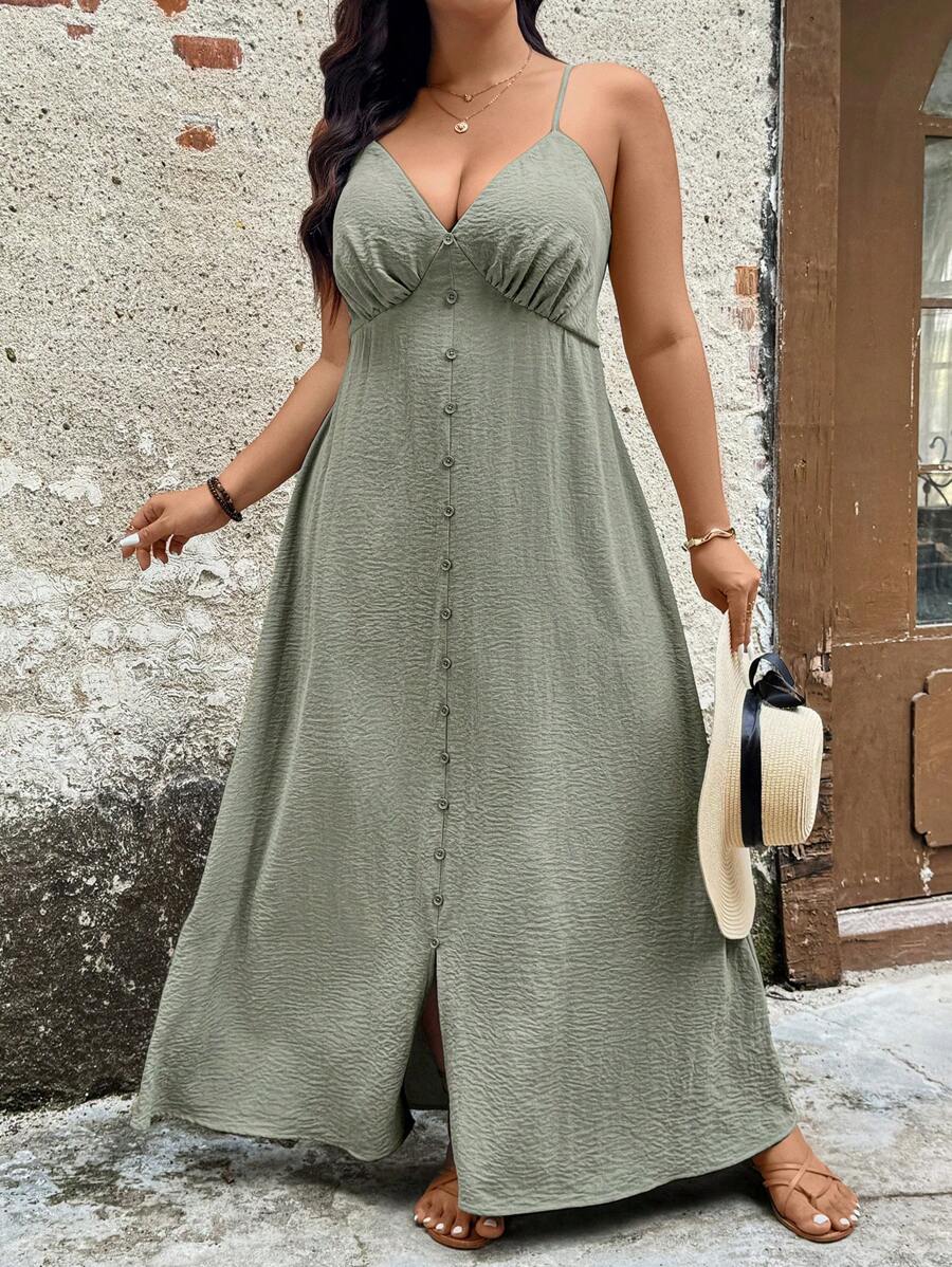 SHEIN LUNE Plus Size Sage Green Spaghetti Strap Dress,Summer Boho Picnic Holiday Outfits,Casual Solid Color Fairycore Classy Wedding Guest Graduation Dress - Green - View 1