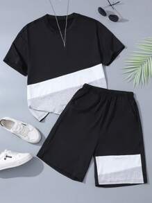 Vacaura Boy Summer Outfit  2pcs/Set Casual Colorblock T-Shirt And Elastic Waist Pants Set For Teenage Boys