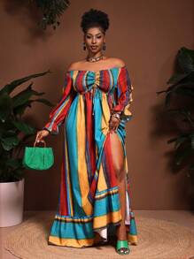 Slaydiva Robe de vacances grande taille, nouvelle arrivée. Convient pour le printemps et l'été. Polyvalente, décontractée, tout-aller, sexy. Imprimé rétro multicolore dégradé rayé. Sans manches, épaules dénudées, manches longues, taille cintrée, fente haute, volants à l'ourlet, coupe évasée ample. - Multicolore - Voir 1