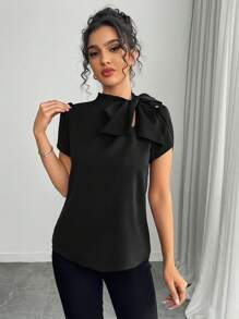 Islaluna Women's Casual Versatile Solid Color Tie Bow Flare Sleeve Blouse, Spring/Summer