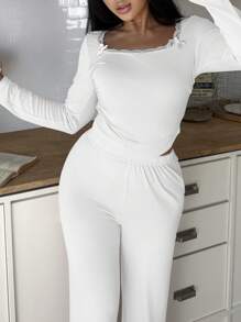 Snug Zone 2pcs Women's Square Neck Bow Ins Style Pajama Set Cozy And Elegant Details, Fall Winter Clothes - White - View 5