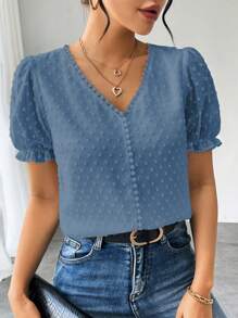 Elenzga Women's French Style Solid Color Swiss Polka Dot Ruffle Detail V-Neck Puff Sleeve Blouse - Blue - View 1