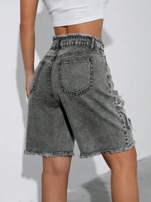 SHEIN ICON Women's Pockets & Distressed Embroidery Washed Denim Capri Pants - Light Grey - View 2