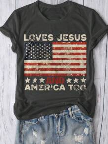 女士夏季圆领国旗和英文图案T恤，休闲简约，适合日常穿着 - 灰色 - 查看 1