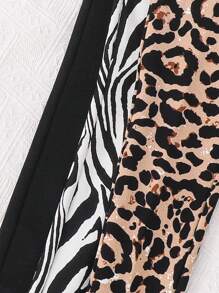 3 Pieces Set: Young Girl Solid Color Leopard Print Fitted Casual Leggings - Multicolor - View 5