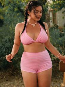 Swim Mod 2pcs Plus Size Women Striped Fabric Pink Spaghetti Strap Sexy Bikini Set For Summer Beach Vacation - Pink - View 5