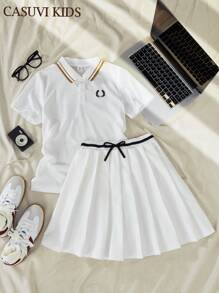 SHEIN Explorewe 2 件套女童马球领刺绣 T 恤和休闲百褶裙 - 白色 - 查看 6