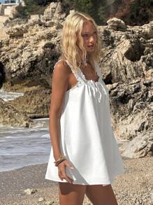 SHEIN ICON 女士夏季外出海滩夏威夷毕业典礼白色娃娃裙飘逸可爱迷你连衣裙