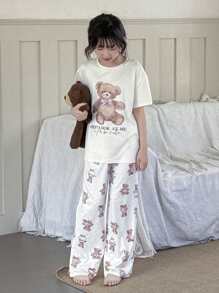 2件套女童可爱卡通蝴蝶结和熊印花圆领短袖T恤和宽松裤子睡衣套装 - 白色 - 查看 4