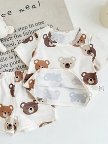 SHEIN Bộ 6 món/Bộ đồ ngủ thường ngày cho bé trai sơ sinh họa tiết gấu hoạt hình dễ thương & sọc, cổ tròn, tay ngắn và quần short, mùa hè - màu nâu - Xem 4