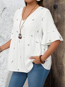 EMERY ROSE Plus Size Plain V-Neck Short Sleeve Tunic Blouse, Simple & Fashionable For Summer - White - View 6