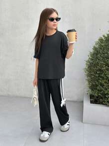 SHEIN Nova Glow Tween Mädchen Lässig Mode koreanischer Stil Einfarbig loses gestricktes Rundhals T-Shirt und weite Hose 2-teiliges Set