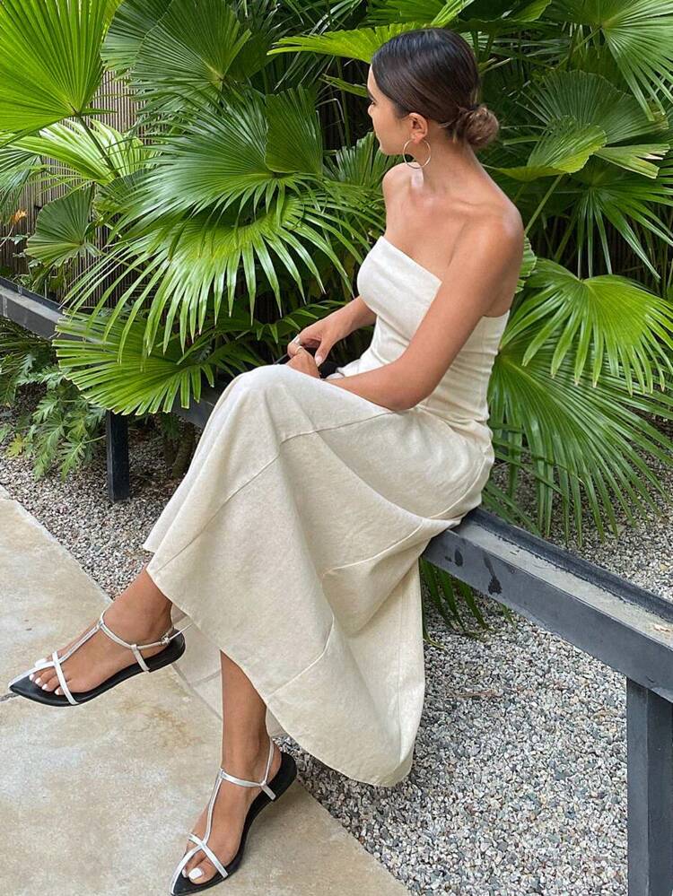 Form-Fitting Solid Color Maxi Strapless Dress For Women, Vacation Linen