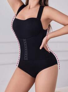 SHEIN Women Solid Seamless Tummy Control Waist Trainer Butt Lifting Shaperwear Square Neck Slimming Sculpting Snatched Waist Short Sleeveless Bodysuit With Front Hook-And-Eye Closure