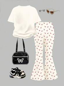 SHEIN 2 件套青少年女孩休闲宽松樱桃印花 T 恤和喇叭裤套装，适合夏季 - 彩色 - 查看 2