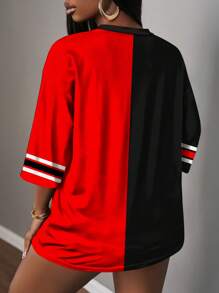 Slaydiva 休闲简约字母数字图形 14 设计女式 T 恤，适合夏季 - 紅色 - 查看 2