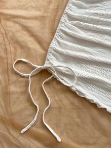 Soleia 女士度假性感褶皱纹理针织露背领蝴蝶结花朵金属装饰合身不对称下摆迷你裙，适合派对、约会、情人节、下午茶、海滩、游轮、春假、狂欢节城市度假 - 白色 - 查看 6