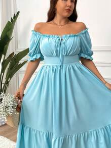 Flirla New Elegant Vacation Styled Princess-Like Design Backless Tie-Up Puffed Sleeve Slim Waist Dress For Women, Summer