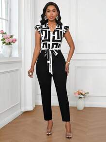 SHEIN Lady Ruffled Flying Sleeves Geometric Pattern Printed Shirt Women's Jumpsuit Elegant Party, Casual Everyday, Four Seasons - Black and White - View 6