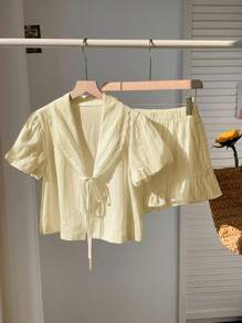 Comfortcana Completo da donna oversize in 2 pezzi: Camicia a maniche corte con scollo a V e nodo frontale in colore unito (con pantaloncini) per l'estate