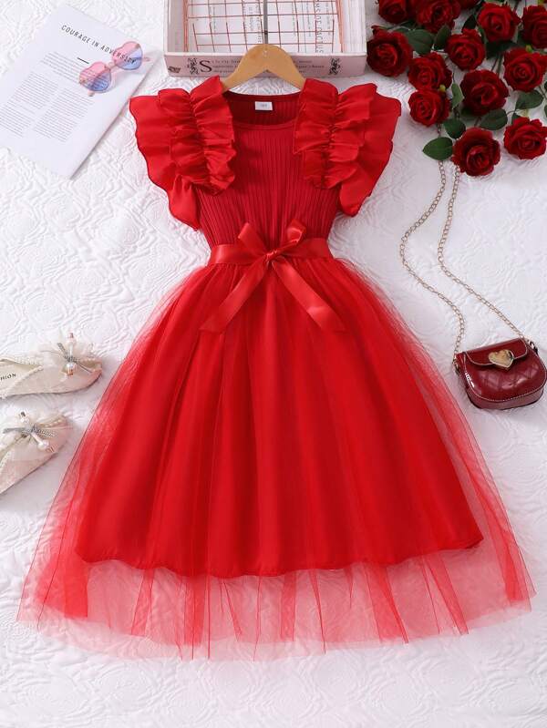 SHEIN Vestido de verão princesa versátil com cinto e manga curta, malha canelada, gola redonda