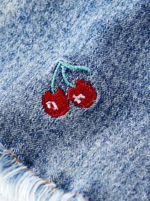 SHEIN MOD 女士休闲樱桃刺绣破洞牛仔短裤 - 藍色 - 查看 4