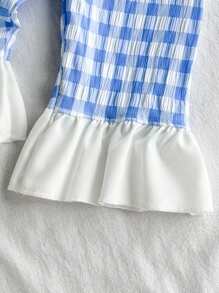 SHEIN Conjunto de top sin mangas con volantes y moño a cuadros + pantalones acampanados para bebé niña, estilo campestre - Azul y blanco - Ver 3