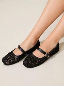 CUCCOO CHICEST Women's Outdoor Round Toe, Low Heel, Black Lace Mesh Fabric Fashion Minimalist Elegant Black Buckle Flat Shoes For Christmas Elegant Shoes - Black - View 6