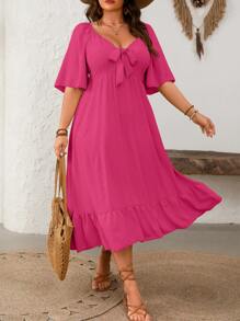 SHEIN Clasi Váy tay ngắn xẻ gấu loe cỡ lớn - Màu Hồng Tươi - Xem 8