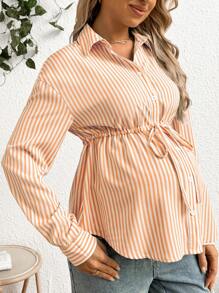 SHEIN Camisa de maternidad casual a rayas con cordón en la cintura, manga larga