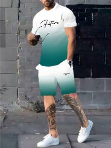 Manfinity Homme Conjunto de 2 piezas de camiseta de manga corta con estampado de letras degradado y pantalones cortos cargo para hombre, ropa de verano
